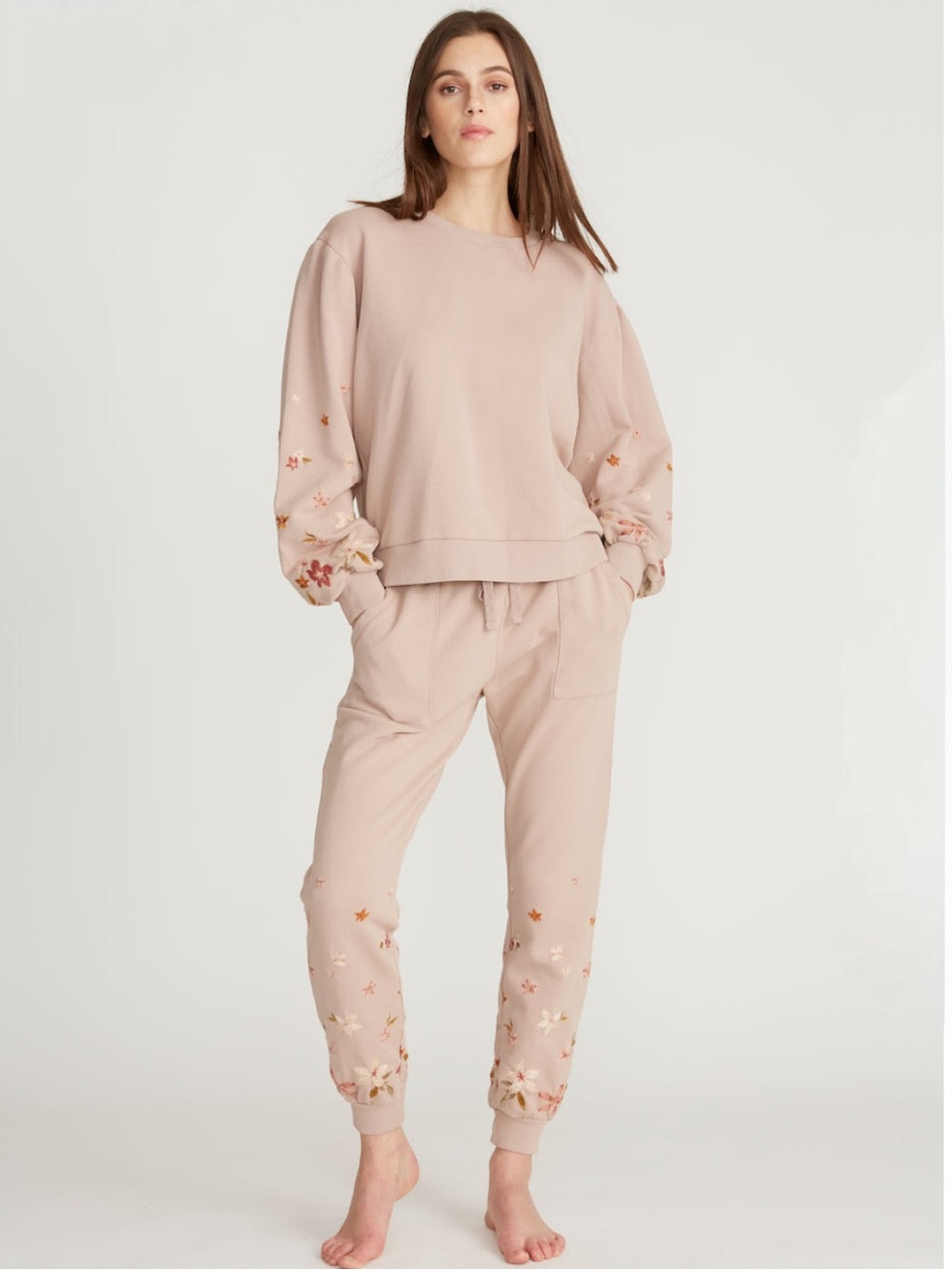 Driftwood Brie Floral Embroidered Crewneck Sweatshirt Antique Pink Anthropologie - Picture 6 of 7